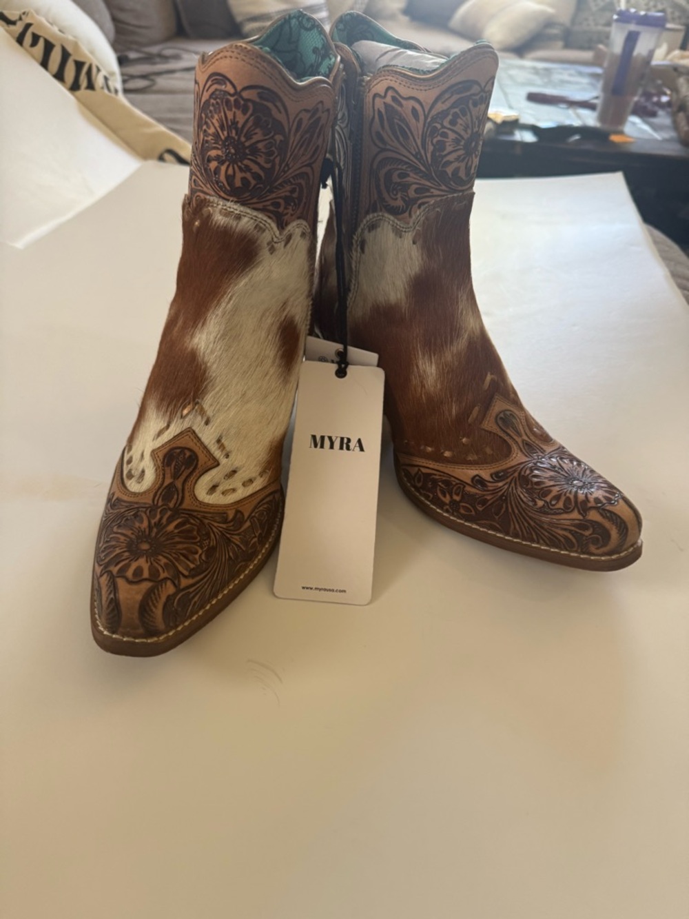 Myra Bag Brown & White Cowhide Tooled Leather Ankle Boots 8 - Picture 3 of 11